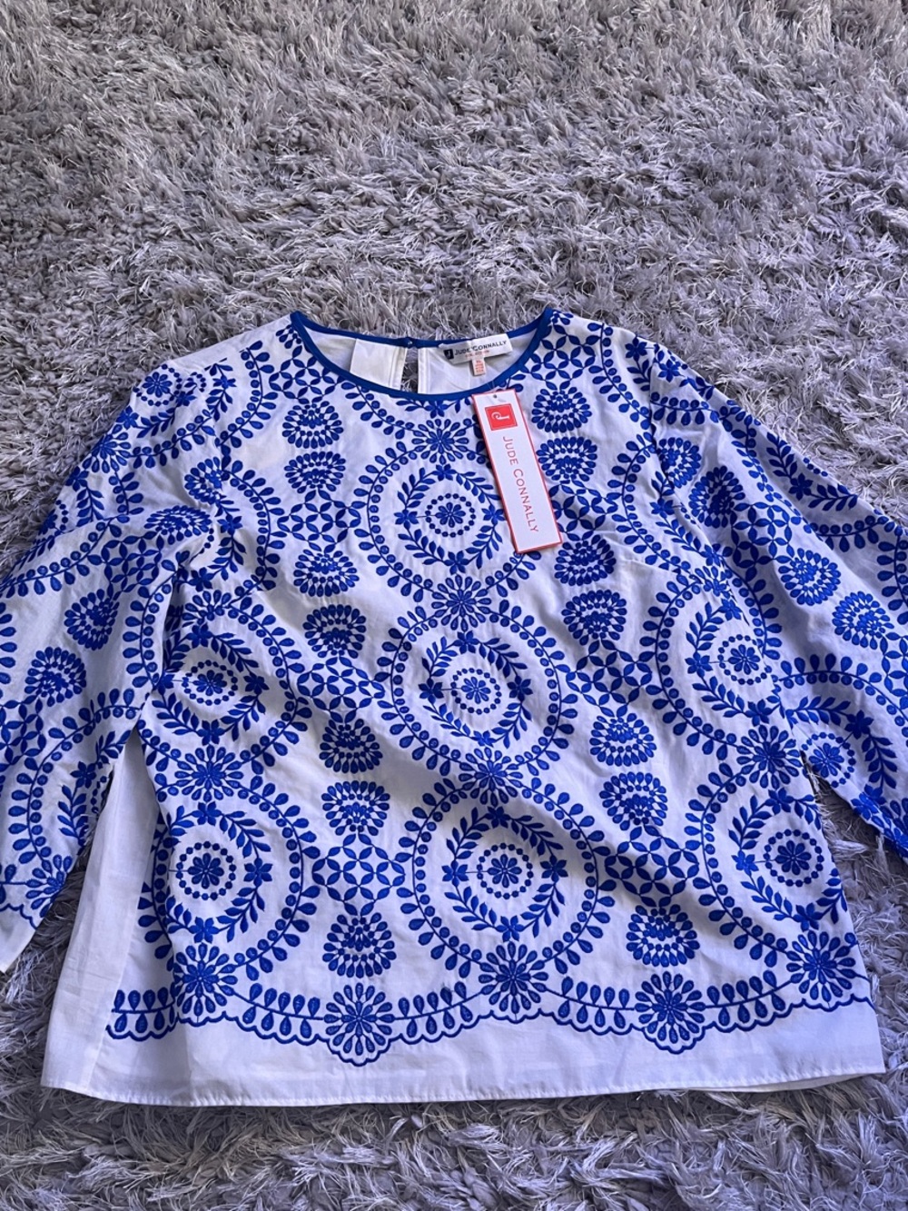 Jude Connally Azure Eyelet White Top with Blue Embroidered Medallion Pattern
